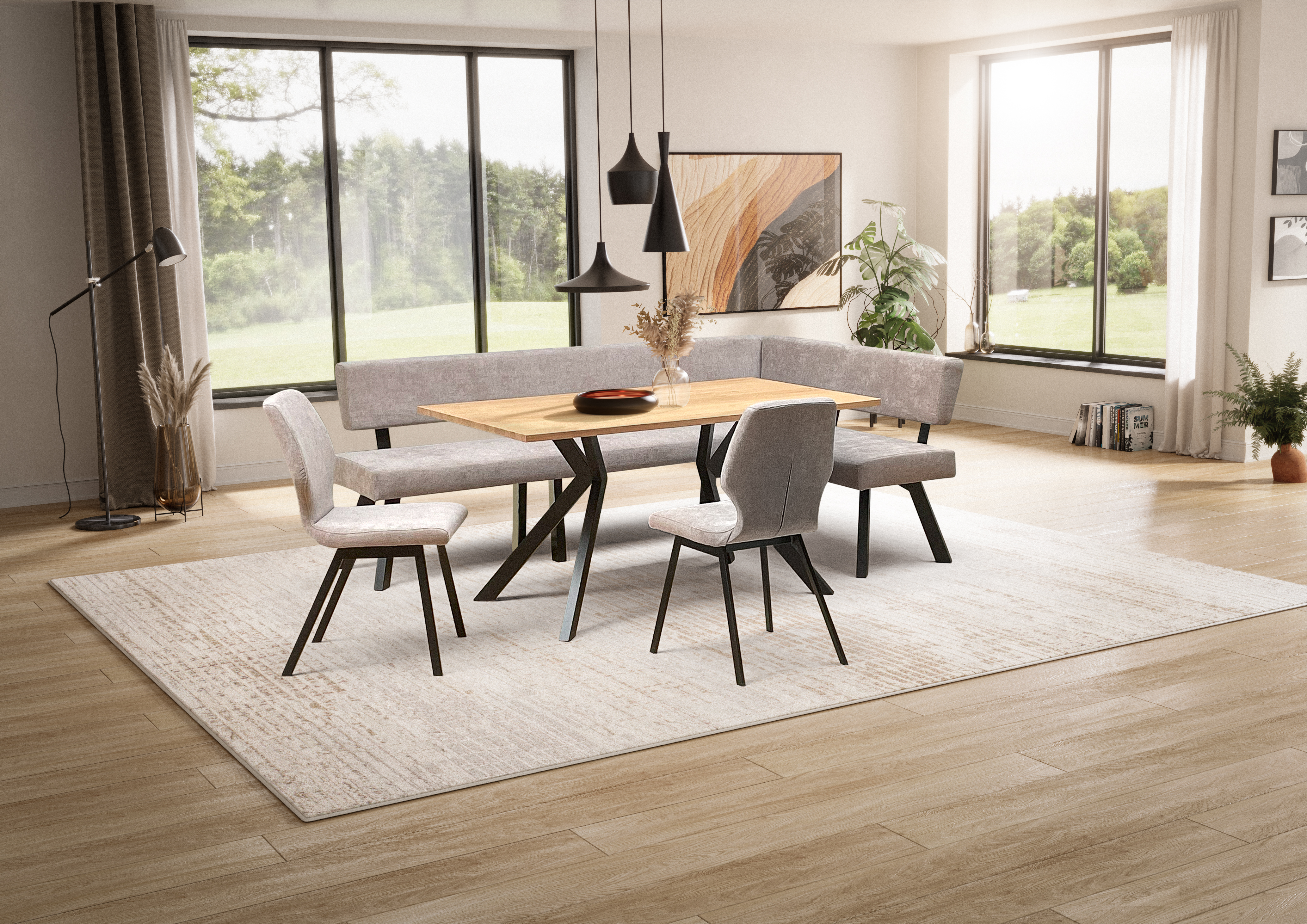 Tischgruppe Living braun Holz Stoff