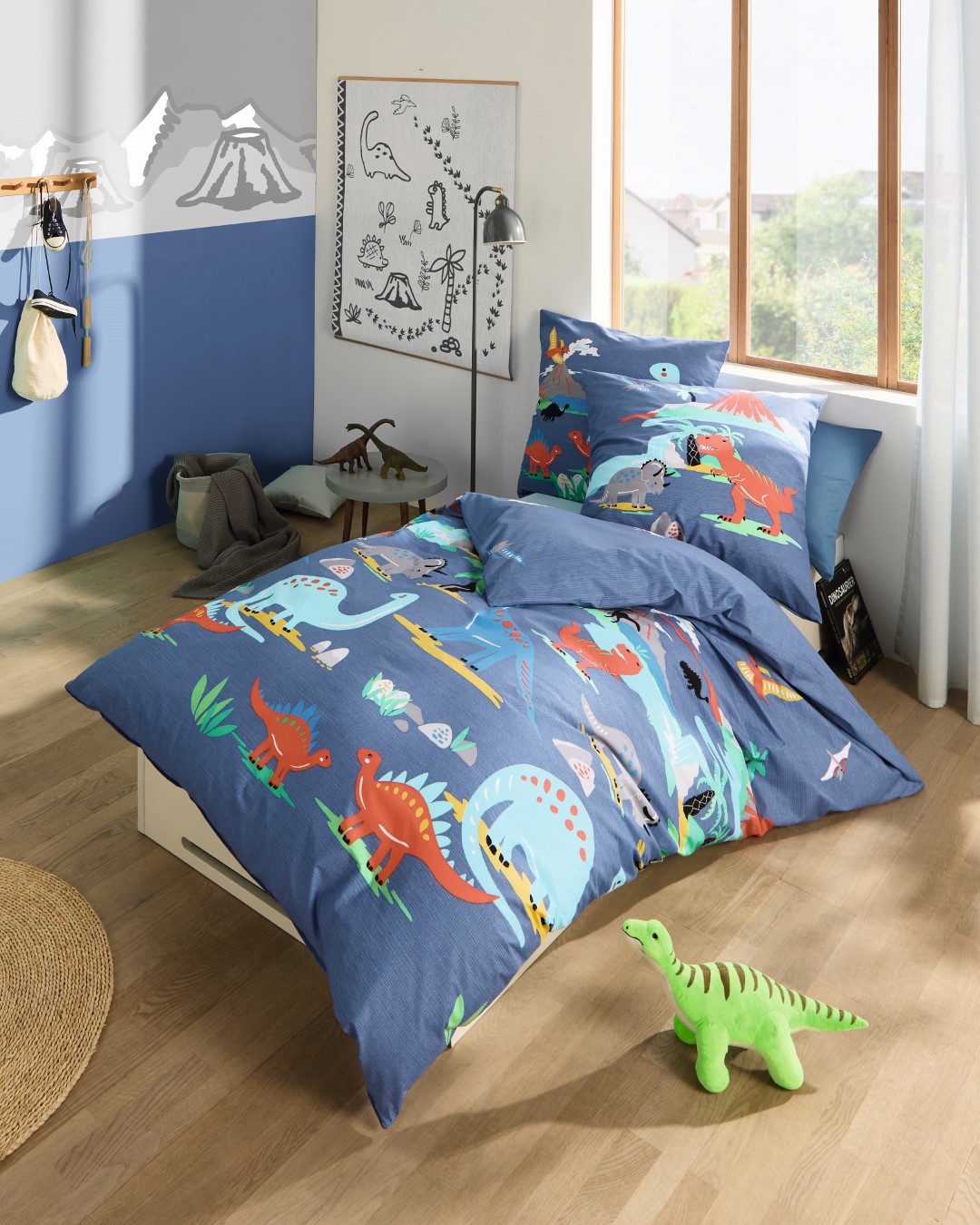 Biber-Bettwäsche Dinosaurus blau Baumwolle