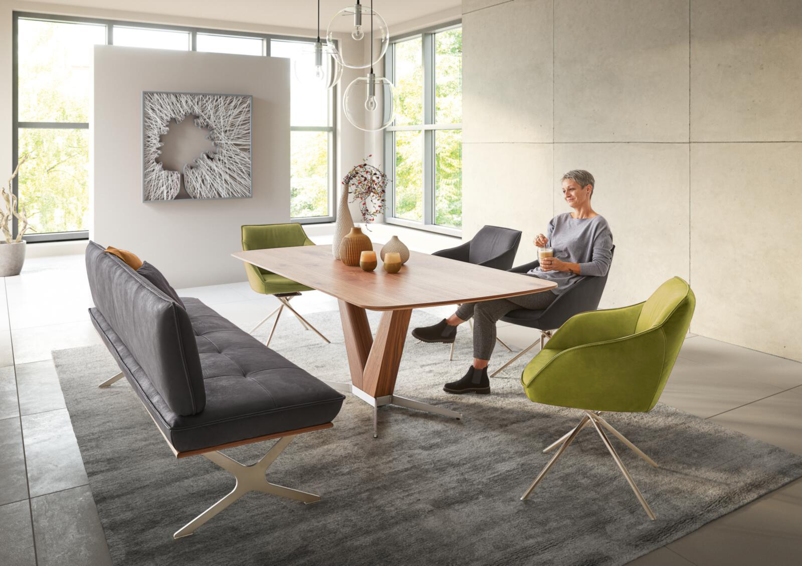 Tischgruppe Dining System braun grün grau Holz Leder