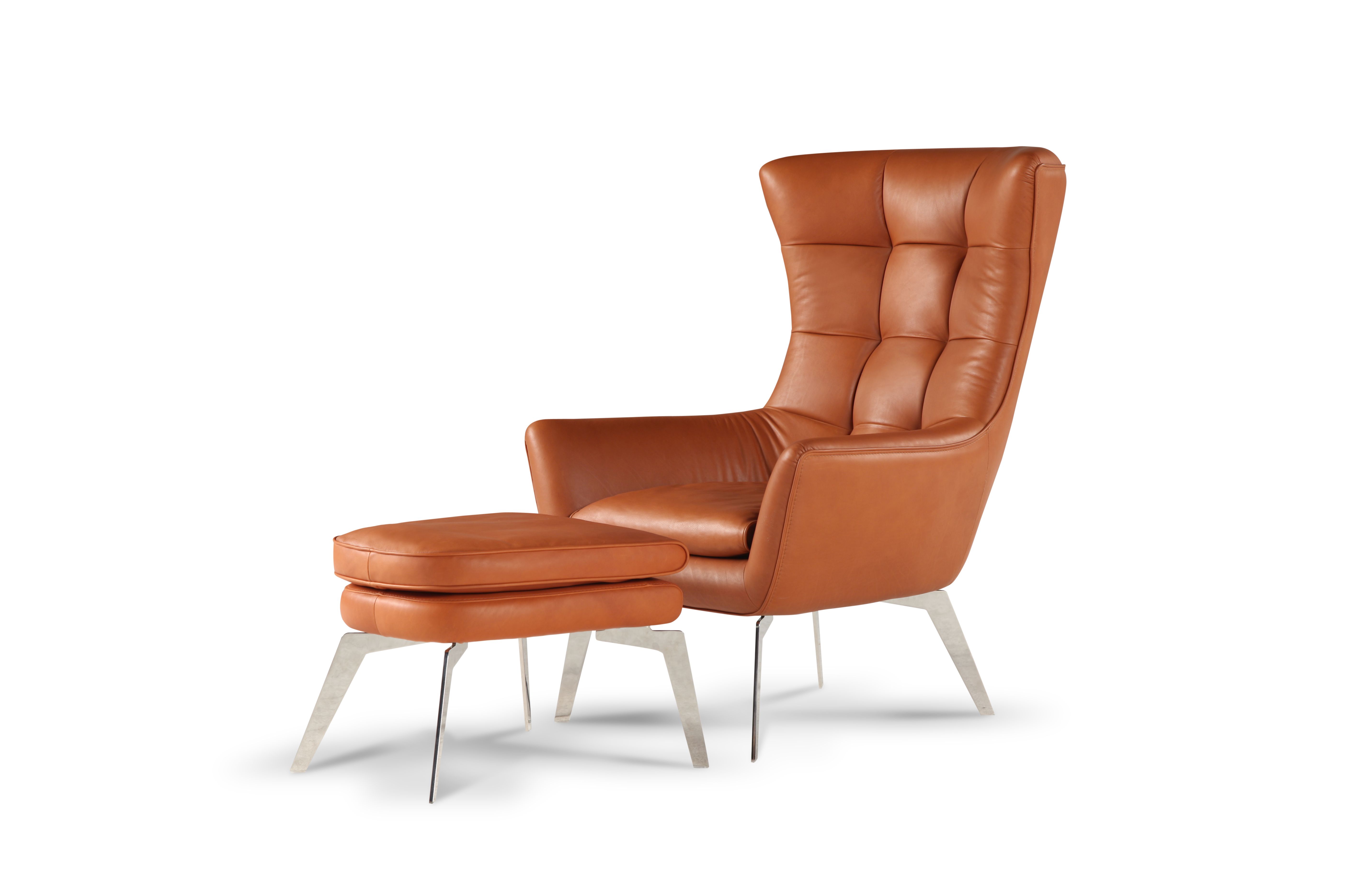 Poltrona con sgabello Jacob in pelle marrone
