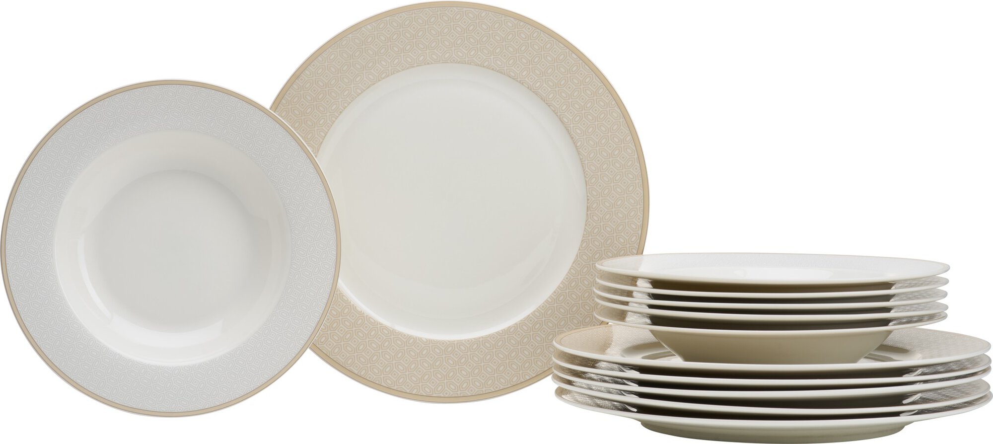 Tafelset 12 tlg. Geo beige weiß Porzellan