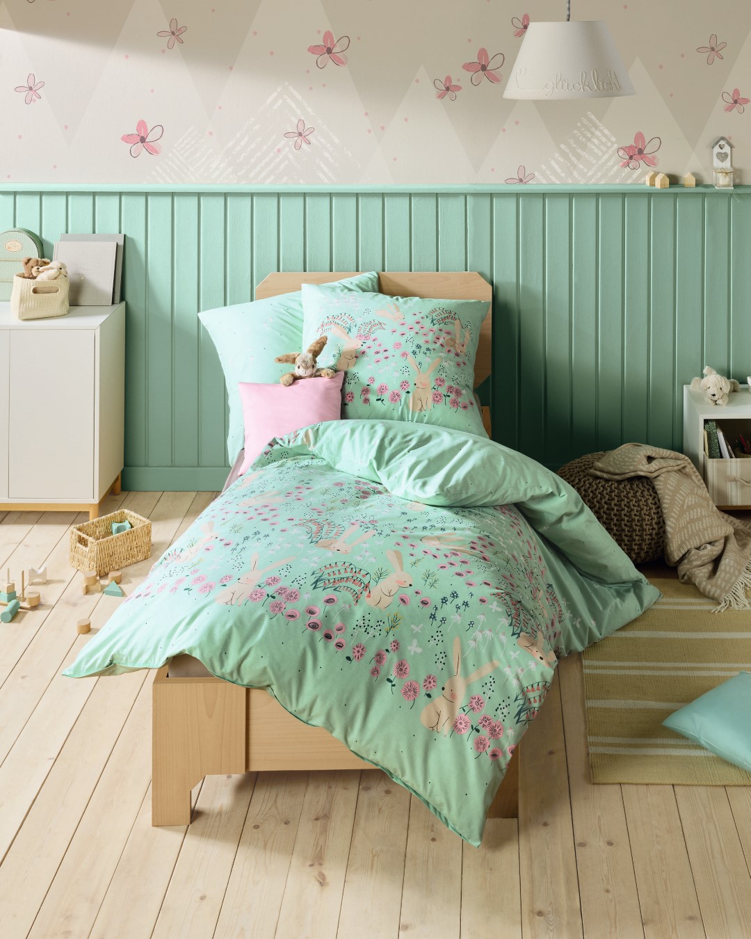 Baby Biber-Bettwäsche Bunnys jade/grün Baumwolle