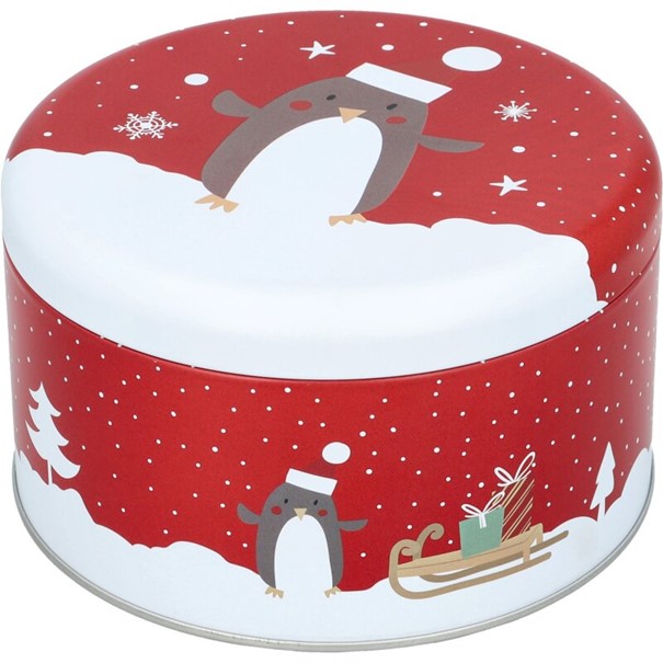 Gebäckdose Weihnachten M Pinguin Weißblech rot