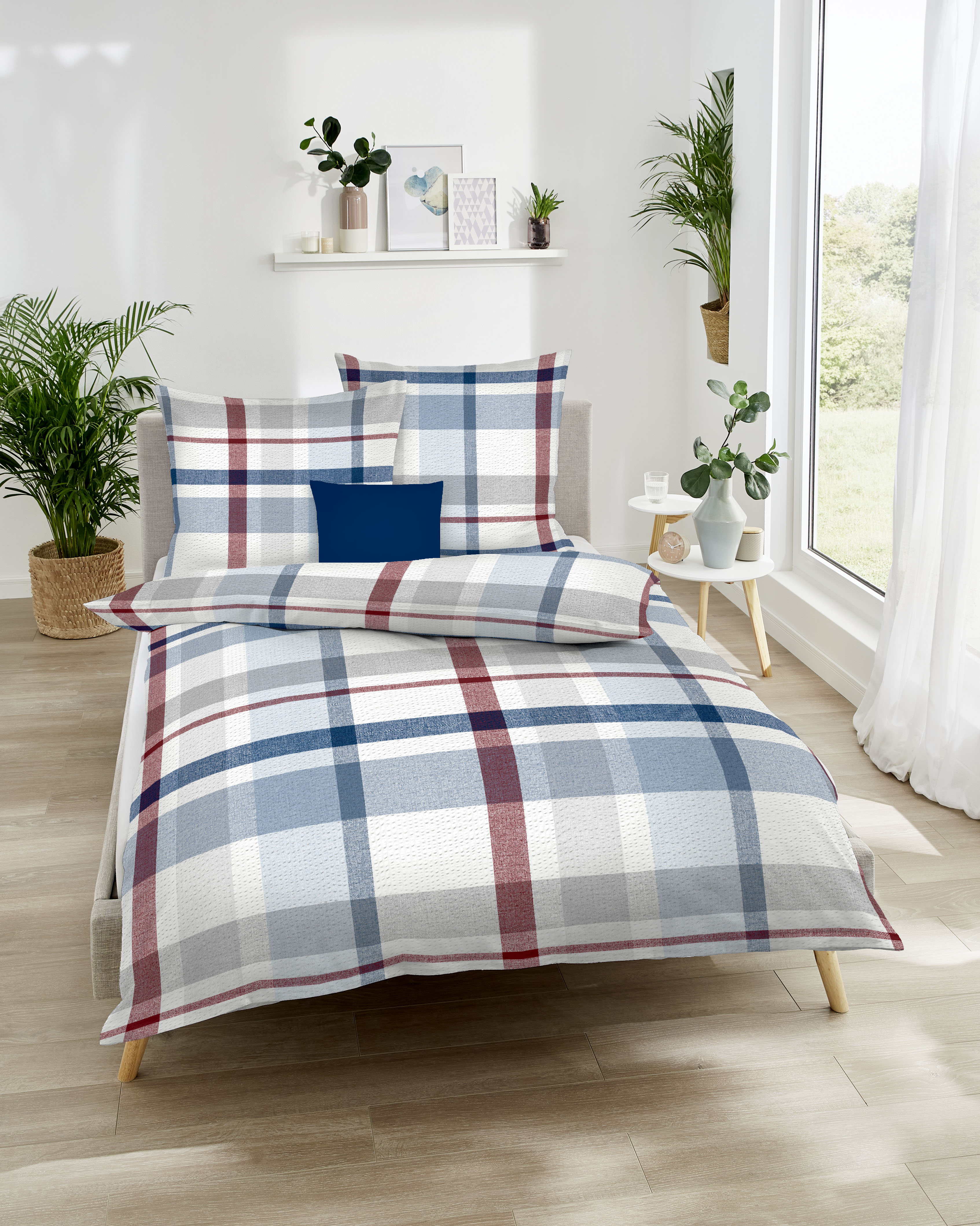 Biancheria da letto in cotone blu a quadri Madras