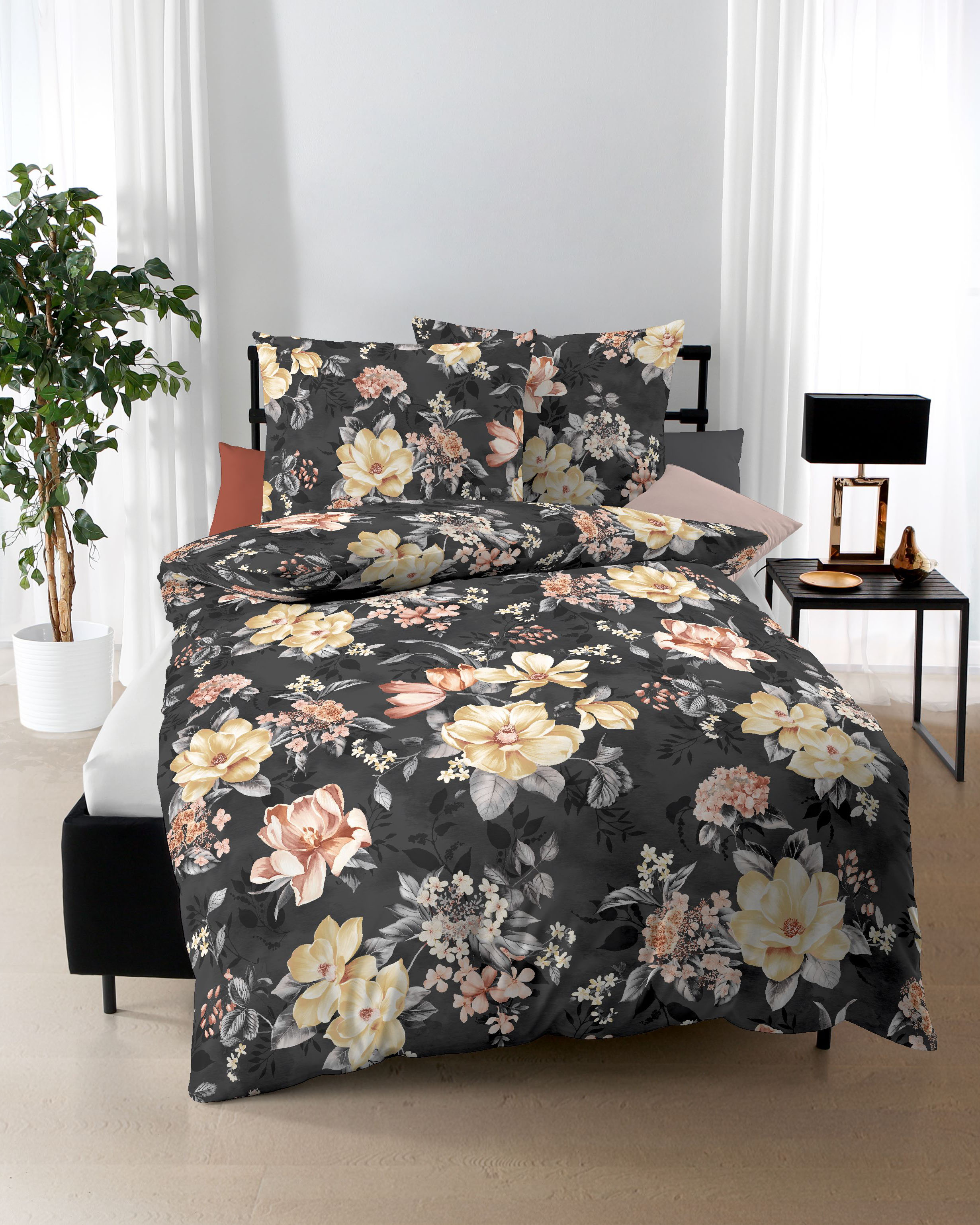 Biber-Bettwäsche Magnolia schwarz Baumwolle | Schwarz
