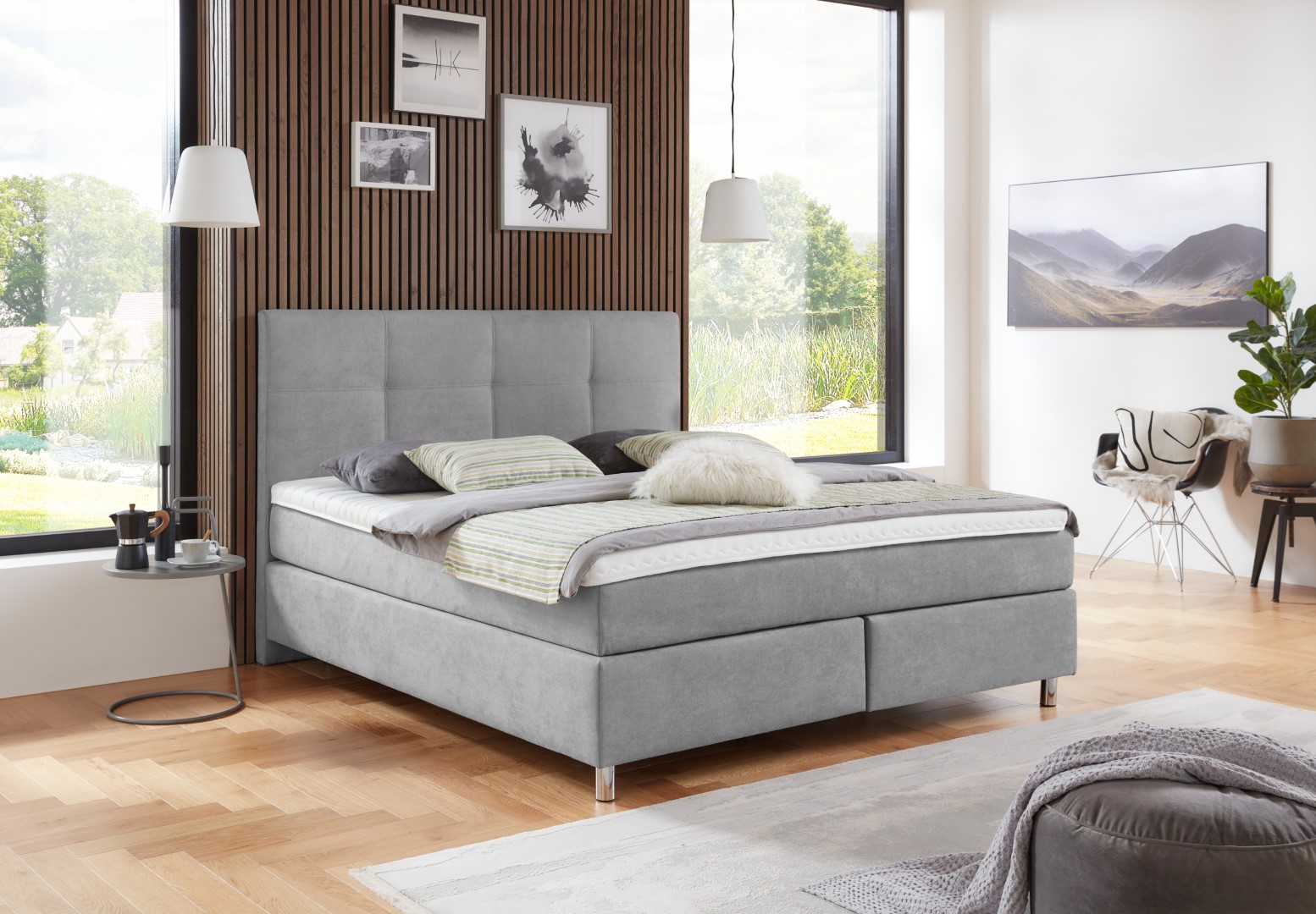 Letto a molle Karat 3 in tessuto grigio chiaro