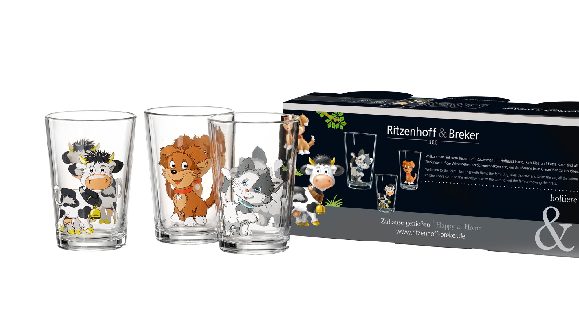 Kindergläser Hoftiere transparent bunt Kalk-Soda Glas